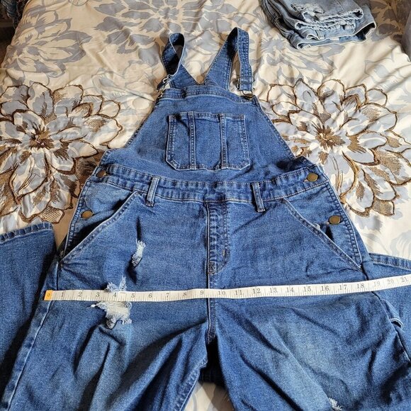No Boundaries Blue Denim Distressed Overalls - Size LG - Picture 3 of 8